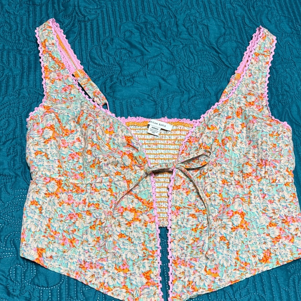 American Eagle Outfitters Floral Lace Trim Crop Top